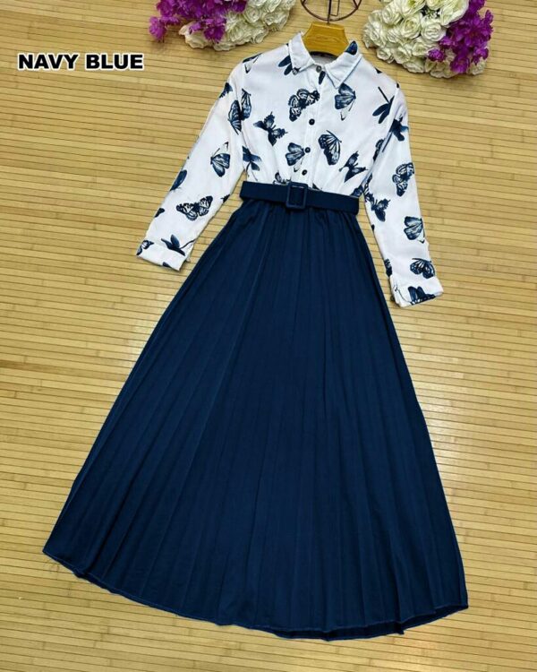 Butterfly Printed Top With Skirt & Belt | Stylish Two-Piece Dress - Image 2